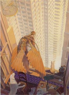 an image of a woman and two cats in the middle of a room with tall buildings