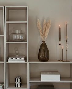 a shelf with candles, vases and books on it in a living room setting