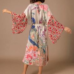 Stunning Floral Peacock Print Cardigan Kimono Flowy And Light Multicolor Kimono With Kimono Sleeves For Brunch, Bohemian Multicolor Kimono For Brunch, Pink Bohemian V-neck Kimono, Pink Long Sleeve Kimono For Beachwear, Multicolor V-neck Kimono For Loungewear, Pink V-neck Kimono For Beach Cover-up, Beachwear Dresses, Belted Wrap Dress, Mode Kimono