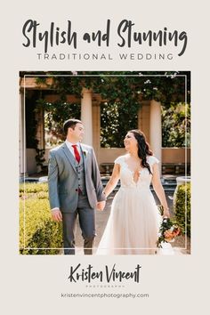 a bride and groom holding hands in front of a building with the words, stylish and stunning traditional wedding written on it