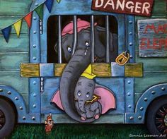 an elephant and baby elephant are in the back of a bus that is painted to look like they're dancing