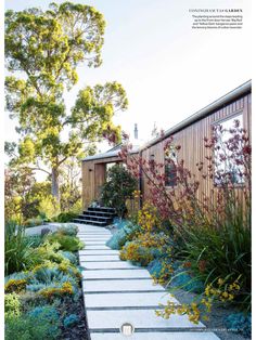 an outdoor garden with steps leading up to the house