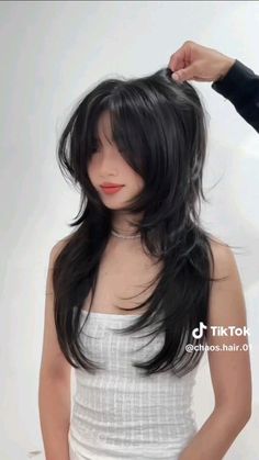 Cute Hairstyles Layers, Jellyfish Haircut With Curtain Bangs, Wolfcut Long Hair Bangs, Alt Medium Haircut, Wolfcut Hair Long Straight Unstyled, Long Wolf Tail Haircut, Wolfcut No Bangs, Disconnected Layers Long Hair