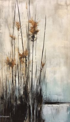 an abstract painting of tall grass in the water