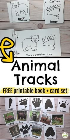 the animal tracks printable book and card set is shown with pictures of animals on it