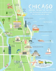 an illustrated map of chicago with all the attractions