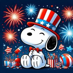 a cartoon dog wearing a red, white and blue hat with fireworks in the background