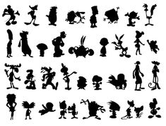 the silhouettes of various cartoon characters are shown in black and white, with words above them