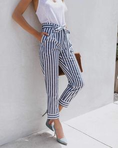 Tie Waist Belted Cigarette Trousers Striped Pants Chic High Waist Bottoms With Vertical Stripes, Trendy Striped Pants For Work, Trendy High-waisted Pants With Tie Waist, Trendy Vertical Stripes Bottoms For Workwear, Trendy Workwear Bottoms With Vertical Stripes, Trendy Bottoms With Vertical Stripes For Day Out, Chic Striped High-waisted Pants, Striped High-waisted Pants For Day Out, Trendy High-waisted Bottoms With Vertical Stripes