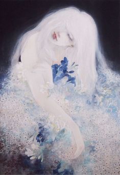 a painting of a woman with long white hair and blue flowers in her lap, sitting on the ground