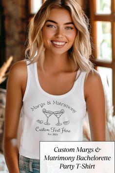 a woman wearing a white tank top with the words custom marks and matrimony bachelor party t - shirt