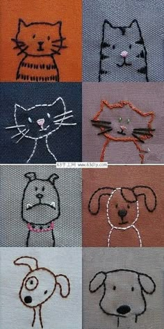 cross stitch cats and dogs on different colors