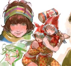 three anime characters with hats and scarves on their heads