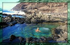 there is a man swimming in the water near some rocks and plants on the beach