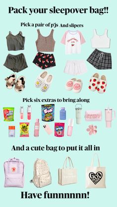 a poster with the words pack your sleepover bag