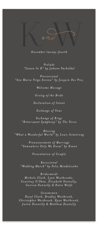 a wedding program card with the word kw on it