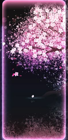 an abstract painting with pink and purple flowers in the dark night sky, as if it were floating or floating on water