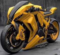 a yellow and black motorcycle parked in a parking lot