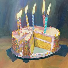 an oil painting of a birthday cake with lit candles on it's icing and sprinkles