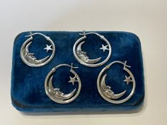 Whimsigoth Earrings, 16g Earrings, Moon Earrings Silver, Silver Earrings Aesthetic, Silver Hoop Earring, Star Celestial, Star Hoop Earrings, Crescent Moon And Star, Earrings Moon