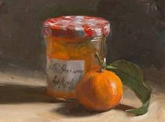 an oil painting of two oranges and a jar of jam on a table top