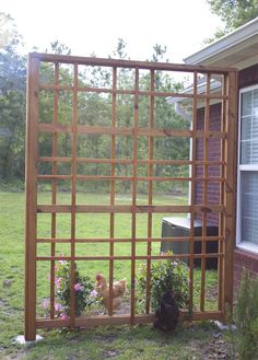 a chicken is standing in the grass behind a trellis with flowers growing on it