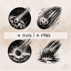 four black and white drawings of planets in the sky, with text reading 4 svg / 4png