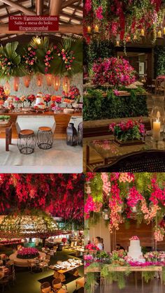 a collage of photos with flowers hanging from the ceiling and tables in front of them