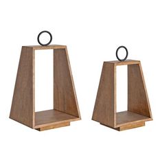 two wooden stands with rings on them, one in the shape of an upside down triangle