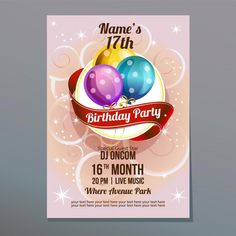 a birthday party flyer with balloons