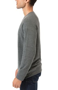 Opt for a classic with a sustainable perk like this brushed raglan-sleeve pullover knit from a blend of recycled fibers and organic cotton. It's supersoft and naturally sweat-wicking, so you stay comfortable all day. 28 1/2" length Crewneck Banded cuffs and hem 50% recycled polyester, 37% organic cotton, 13% rayon Machine wash, tumble dry Imported Men's Clothing Everyday Crew Sweater With Ribbed Neckline, Heather Casual Sweatshirt With Ribbed Cuffs, Heather Crew Neck Sweatshirt With Relaxed Fit, Everyday Crew Neck Sweater With Ribbed Neckline, Knit Crew Neck Sweatshirt For Everyday, Knit Crew Neck Sweatshirt With Ribbed Cuffs, Knit Sweatshirt With Ribbed Cuffs And Crew Neck, Winter Heather Sweatshirt With Relaxed Fit, Knit Crew Neck Sweatshirt