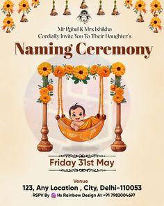 a flyer for the naming ceremony of friday 31st may, with an image of a baby in a hammock surrounded by sunflowers