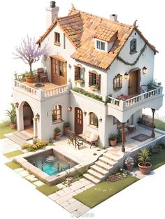 a house with a pool in front of it