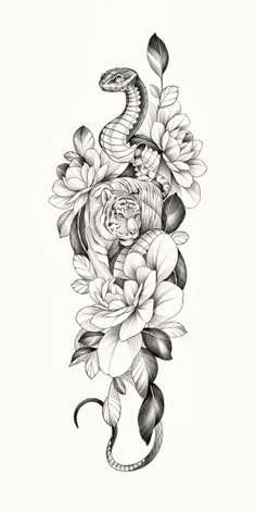 a snake and flowers tattoo design