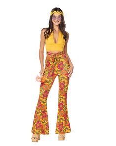 Get your groove on in these vibrant bell bottom pants! Complete your '60s or '70s-inspired costume with these fashion-forward flares. Featuring a fun flower print in yellow, orange, and pink hues, these pants pack major flower power. An attached belt wraps around the waist for a uniquely cool finishing touch. Material: Polyester, spandex Care: Hand wash cold Imported Note: Top and accessories sold separately 70’s Fashion Hippie, 70s Fashion Pants, 70s Glam Fashion, 70s Themed Outfits, 70s Outfits Party, Hippie Outfits 70s, Hippy Costume, 70s Fashion Women, Flare Outfit