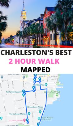 the charleston's prettiest streets map is shown in pink and blue with palm trees