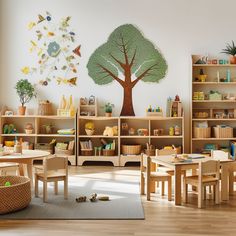 a child's playroom with wooden tables and chairs