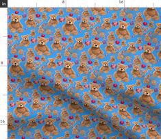 a blue background with brown teddy bears and red balls on it, as well as a ruler