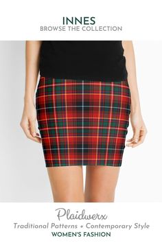 Mini-skirt in the family tartan of Clan Innes, from The Innes Collection of men and women's fashion at Plaidwerx. Irish Tartan, Tartan Skirt, Waist Bag, Travel Outfit, Chiffon Tops, Buttons Pinback