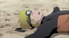 an anime character laying on the ground with his head in his hands and eyes closed