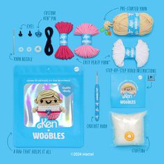 the contents of a kit including yarn, scissors and other crafting supplies on a blue background