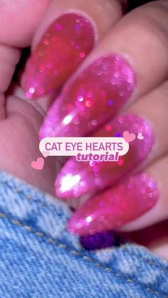 Pastel Hearts Nails, Red And Pink Cat Eye Nails, Cats Eye Heart Nails, Glow In The Dark Cat Eye Nails, Best Valentines Nails, Pink And Blue Cat Eye Nails, Pink Wicked Nails, Pink Eye Nails, Cateye Winter Nails