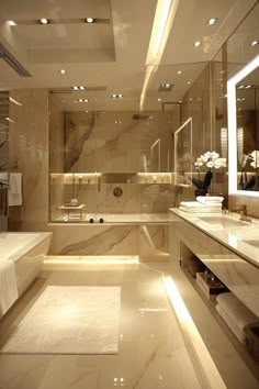 a large bathroom with two sinks and a bathtub