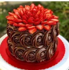 a chocolate cake with strawberries on top