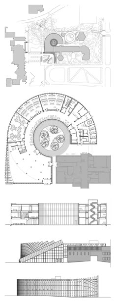 an architectural drawing shows the various sections of a building that are divided into four sections