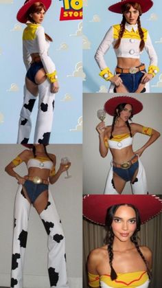 four different pictures of a woman in cowboy costumes