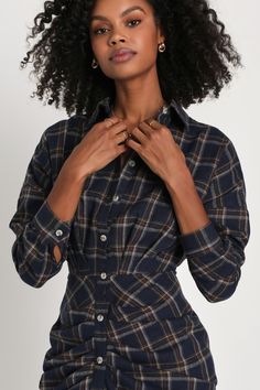 Cooler days always get us searching for the perfect fall looks, like the Lulus Seasonal Spirit Navy Blue Plaid Ruched Long Sleeve Midi Dress! Lightweight woven fabric boasts a timeless plaid pattern as it shapes long sleeves (with button cuffs) and a collared neckline. Functional button placket runs the length of the dress, across a fitted waist and a strategically ruched skirt that finishes at a midi hem. Fit: This garment fits true to size. Length: Mid-calf length. Size medium measures 47" fro Black And Blue Dress, Casual Formal Dresses, Lulu Fashion, Ruched Skirt, Casual Wedding Dress, Just Run, Sleeve Midi Dress, Long Sleeve Midi, Long Sleeve Midi Dress