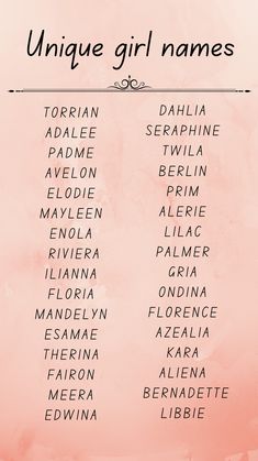 the words unique girl names are written in black ink on a pink watercolor background