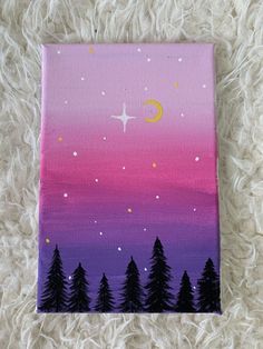 an acrylic painting of trees and a plane flying in the sky at night