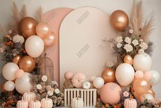 a room with balloons, flowers and other decorations on the wall in front of it